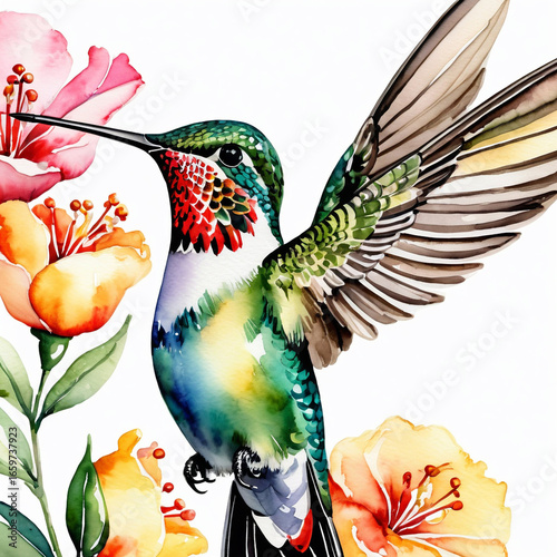 Beautiful hummingbird in flight drinking nectar from a flower on a white background. Watercolor style. Close-up
