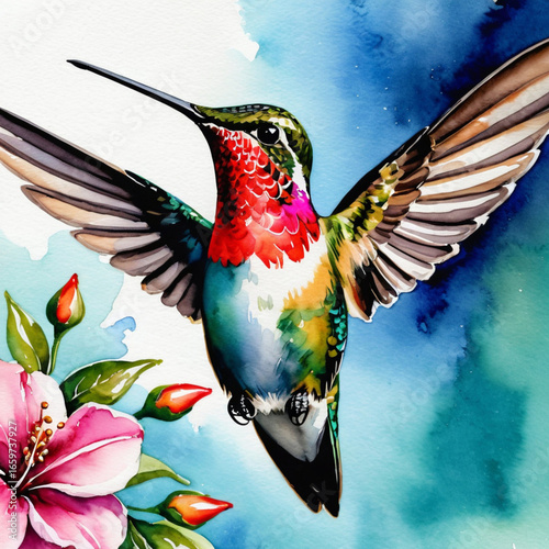 Watercolor style of a hummingbird hovering over a flower on a blue background. Art illustration for print, postcard or painting