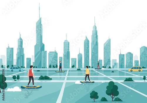 Futuristic city scene with people using hoverboards for transportation in an urban environment.