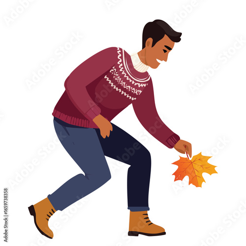 Single person bending down to pick up an orange maple leaf, wearing cozy autumn sweater and boots, 3D cartoon style, clean white background, no shadow, stock safe
