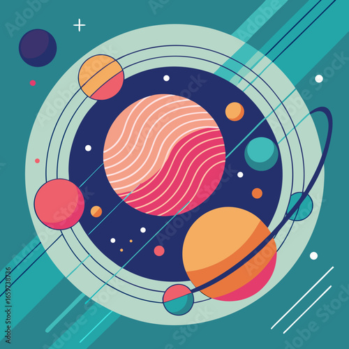 Retro style planets and orbits illustration on a light orange background