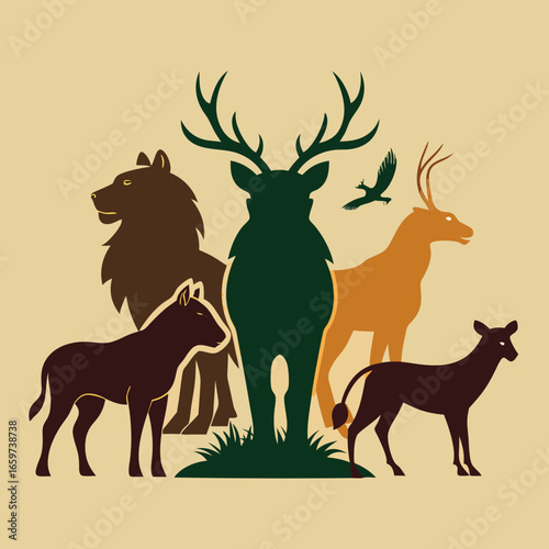 Silhouette illustration of various animals including deer, lion, horse and dog