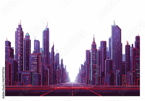 Pixel art cityscape with tall buildings and a long road stretching into the distance.