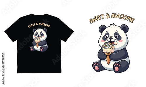 Happy panda eating ice cream with rainbow sprinkles and the text 