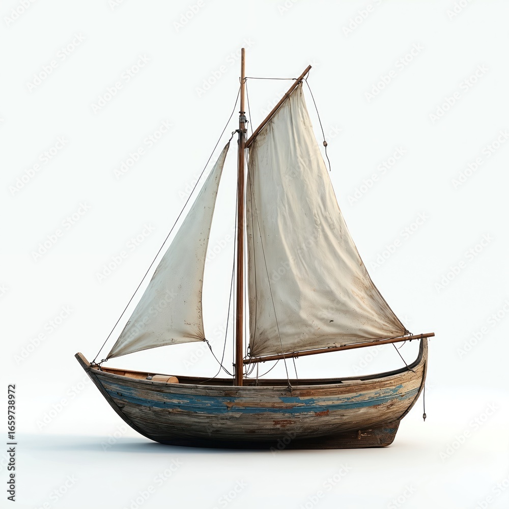 Obraz premium Illustration of weathered wooden sailboat with aged white sail on white background. Vintage boat with peeling paint. Nautical vessel used for maritime transport. Classic design. Adventure,