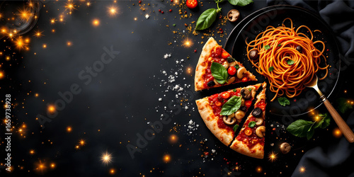 Delicious italian pepperoni pizza with mushrooms cheese basil and fresh tomato slices served with spaghetti pasta on black plate with golden lights and dark background copy space for design