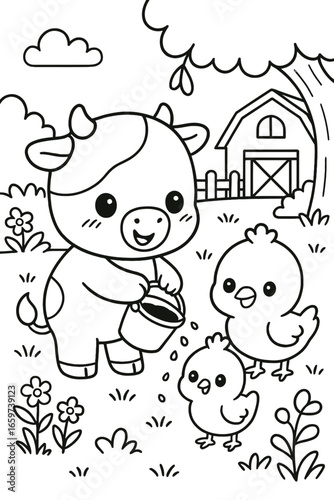 Adorable cartoon cow feeding chicks on a farm with barn and flowers around