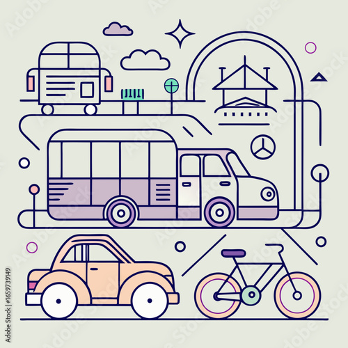 Line art illustration of city transport with bicycle, van and building