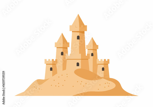 Illustration of a sandcastle with towers, a summer vacation symbol.