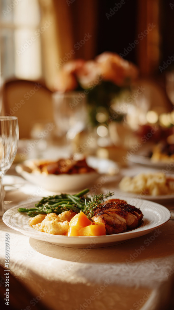 Elegant Thanksgiving feast in warm dining room setting Elegant Thanksgiving feast in warm dining room setting