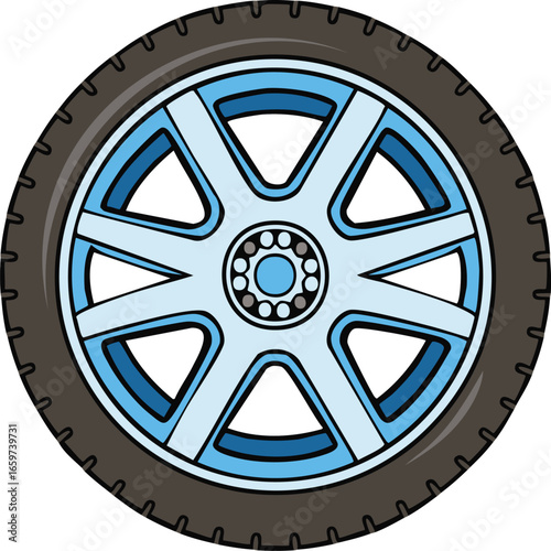 Cartoon illustration of a car wheel with a blue rim and a black tire, isolated on white.