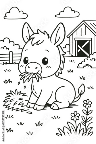 Adorable donkey munching grass in the countryside coloring page design