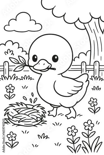 Adorable duckling carrying a twig in a charming countryside coloring page