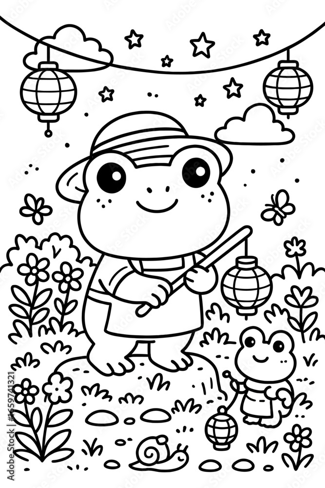 Fototapeta premium Adorable frog family strolls with lanterns under a starry night sky scene