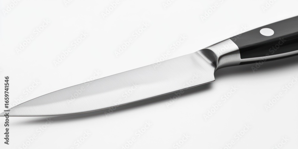 Fototapeta premium A stainless steel chef's knife is sharply angled and positioned on a white surface. The blade is polished and reflects light, showcasing its sharpness. The handle is black with a white accent. 