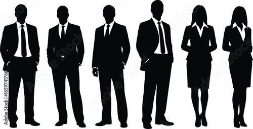 Professional business people silhouette vector illustration with formal attire, corporate team, office workers, standing pose, and leadership concept design
