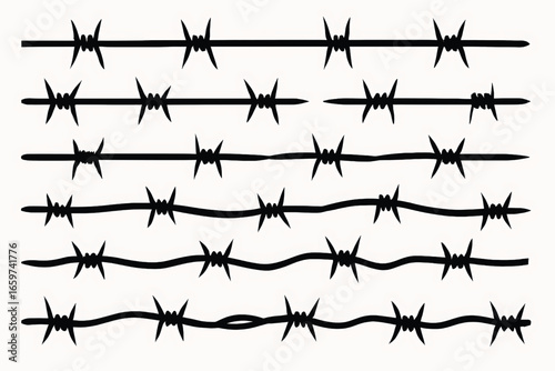 Collection of barbed wire fence silhouettes.