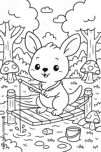 Adorable kangaroo fishing on a wooden pier in a charming forest scene