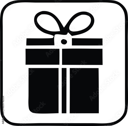 Simple black and white gift box icon with ribbon bow presenting celebration surprise surprise gift packaging decorative element