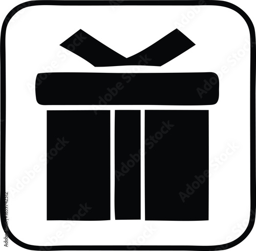 Simple black and white icon of a gift box with a ribbon bow perfect for holiday celebrations or special occasions and promotions