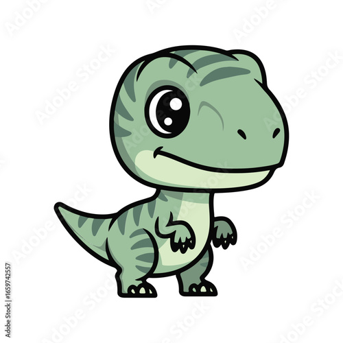 A cute baby Velociraptor rex sticker design, chibi cartoon style, 2D flat vector icon illustration of an adorable little. Kawaii style, character art, isolated on white background