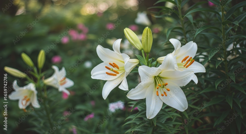 Fototapeta premium Elegant White Lilies with Orange Stamens in a Lush Green Garden Setting