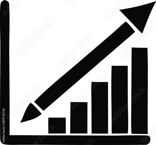 Black bar graph with upward trending arrow symbolizing growth success progress and positive financial performance data