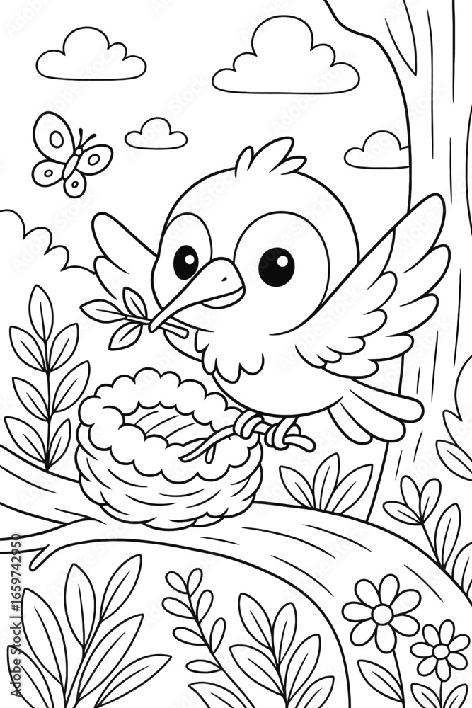 Fototapeta premium Bird building nest illustration in nature with butterfly and clouds