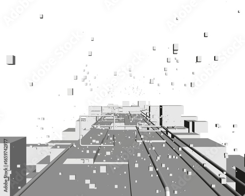 Polygonal cityscape constructed from abstract cubes and squares, scattered objects suggest ongoing development against a clean white background.