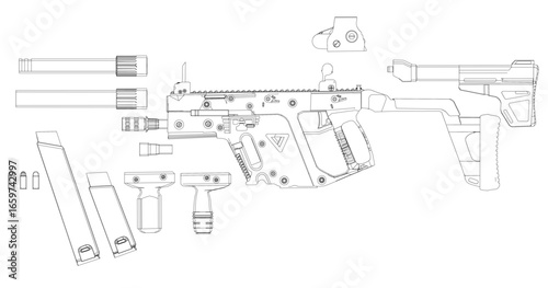 Detailed drawing of an rifle with disassembled parts including stock, barrel, magazine, and trigger. The black contour illustration is set against a clean white background.