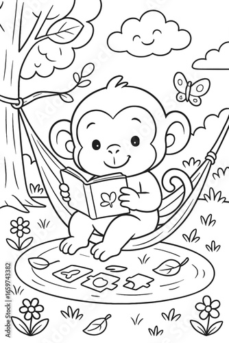 Cartoon monkey reading book in hammock under tree coloring page