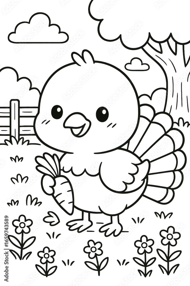 Obraz premium Charming cartoon turkey holding carrot in a whimsical outdoor scene vector