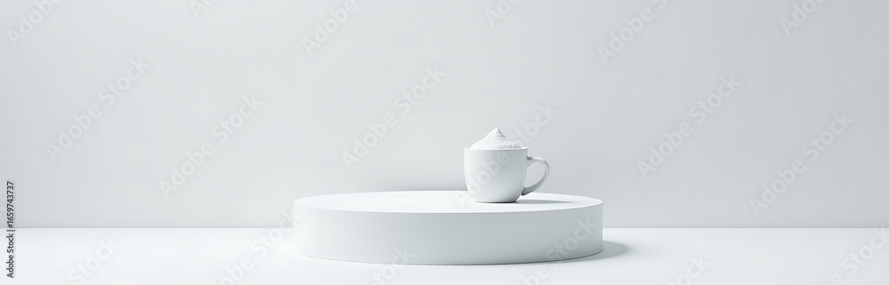 Fototapeta premium minimalist podium snow white platform small cup frothy top minimal winter