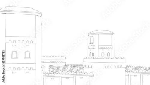 A modular fortress with a prominent clock tower, drawn in black and white on a clean white background. The intricate contour lines and detailed curves create an elegant architectural illustration.