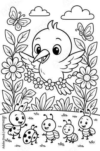 Cheerful bird surrounded by butterflies, flowers, and insects in a garden scene