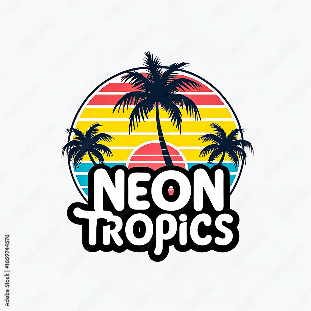 Fototapeta premium Retro Summer Fever Sunset Palm Tree Graphic Illustration for Trendy Beach Vibes and Tropical Vacation T-Shirt Design