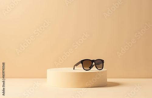 minimalist podium sand beige backdrop tiny sunglasses edge restrained