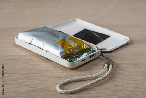 Fotografía Swollen lithium battery exposed inside broken power bank shows risk of overheating and danger of unsafe electronic devices