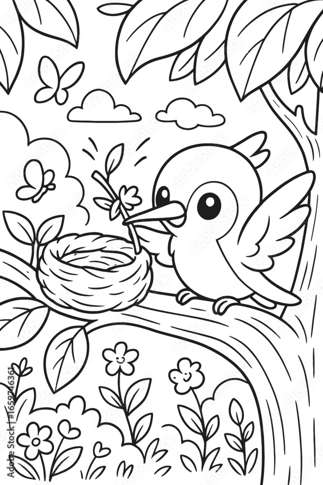 Naklejka premium Cute bird building a nest with twigs in a forest coloring page design