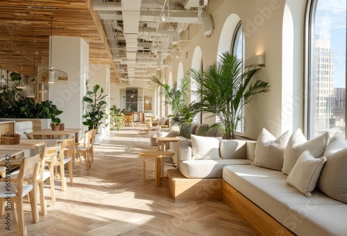 Fototapeta Naklejka Na Ścianę i Meble -  Modern coworking space with natural light and plants creating a relaxing atmosphere