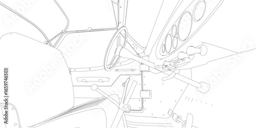 Retro sport car interior in black and white contour drawing, featuring steering wheel, dashboard, and detailed vehicle components.