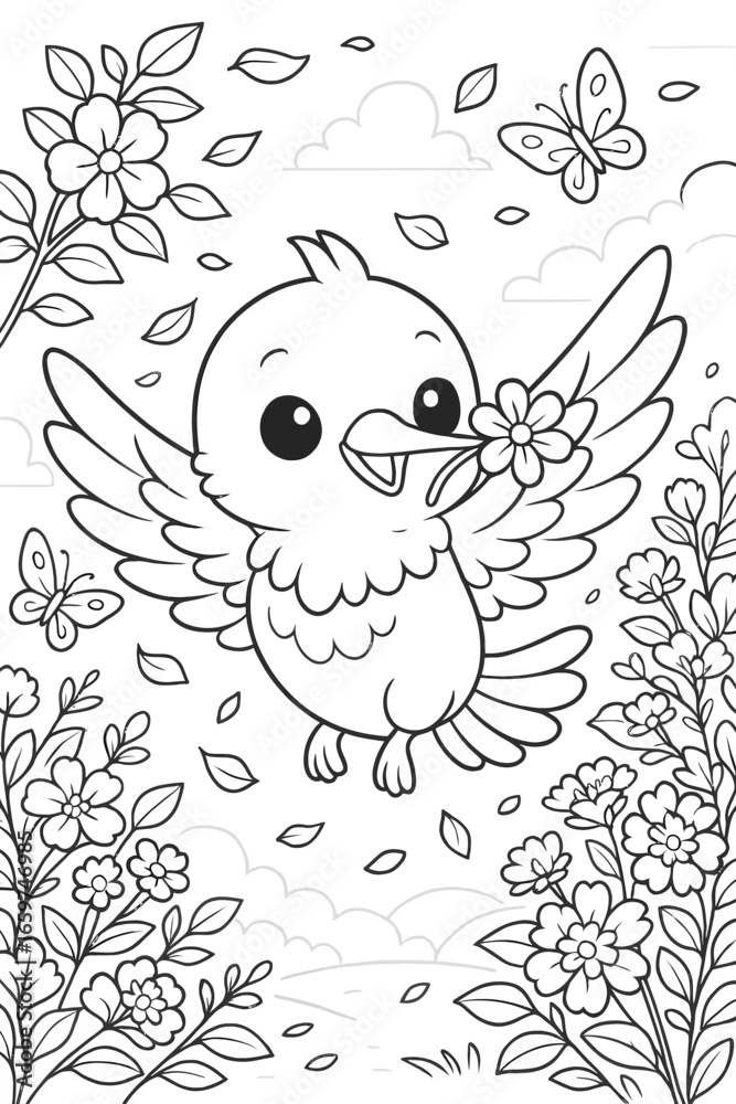 Fototapeta premium Cute bird flying with flower in spring garden cartoon vector illustration