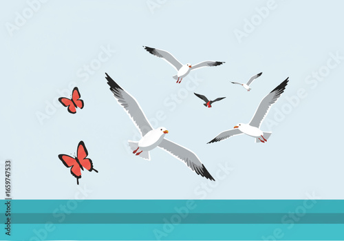 A flock of seagulls and two red butterflies flying together over the calm blue sea.