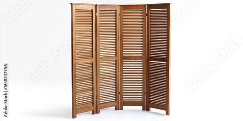 A wooden folding screen stands upright against a white background. The screen is constructed of three panels, each with horizontal slats. 