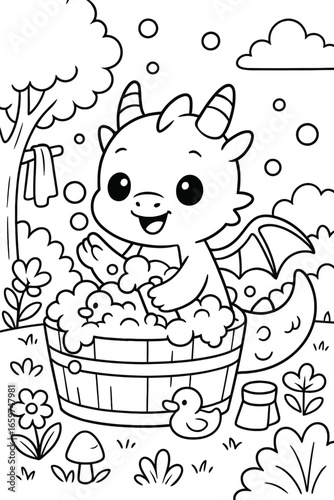 Cute cartoon dragon taking a bubble bath with a rubber ducky illustration