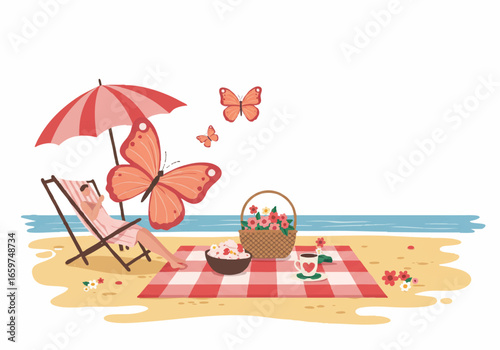 A person relaxing in a deck chair under an umbrella during a summer beach picnic with butterflies.