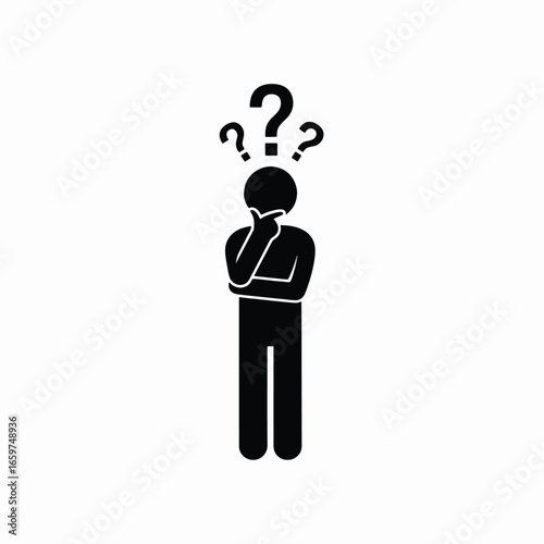 A black stick figure pictogram of a person thinking with three question marks floating above their head, symbolizing confusion or a dilemma.