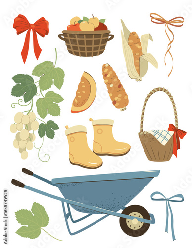 Autumn Garden Harvesting tools Vector illustration plants. Gardening, farming, and eco-friendly living Autumn wheelbarrow Decoration