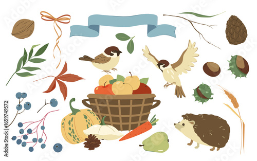 Gift Harvest Thanksgiving basket. Wicker baskets present Flat hamper with bow ribbon vector set. Illustration gift present with fruits food gifts