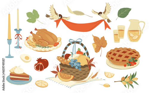 Gift Harvest Thanksgiving basket. Wicker baskets present Flat hamper with bow ribbon vector set. Illustration gift present with fruits food gifts